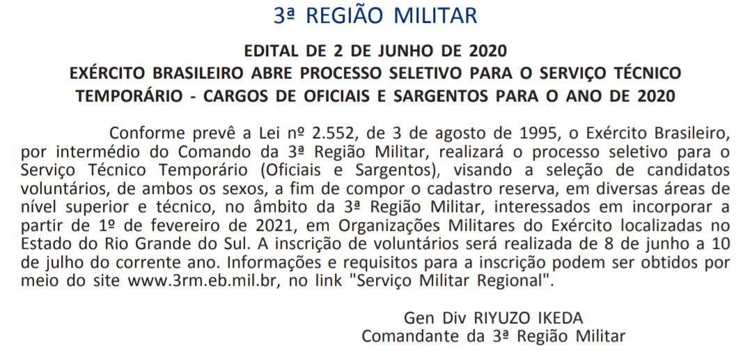 Exército 3ª Região Militar divulga edital de processo seletivo