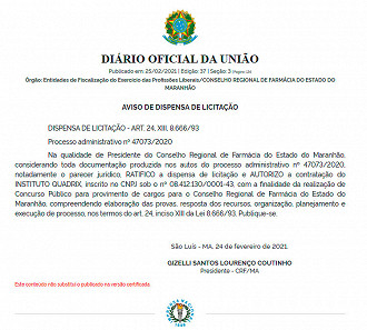 Concurso do CRF-MA sairá pelo Quadrix - Reprodução: DOU Concurso do CRF-MA sairá pelo Quadrix - Reprodução: DOU