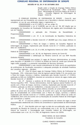 Decisão do Coren publicada em outubro/19 cria cargo de Enfermeiro Fiscal.