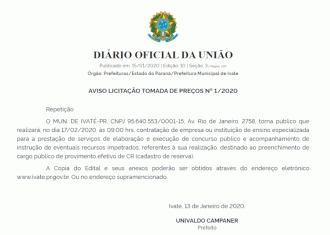 Prefeitura de Ivaté-PR terá concurso para cadastro reserva.