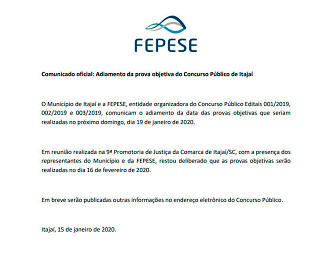 FEPESE adia provas do concurso de Itajaí-SC FEPESE adia provas do concurso de Itajaí-SC