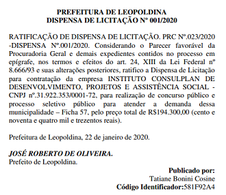 Leopoldina-MG terá novo concurso em 2020