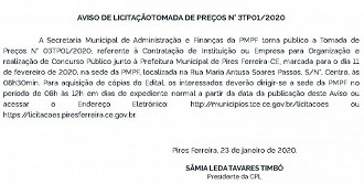 Publicação de licitação para escolha de banca da Prefeitura de Pires Ferreira - CE