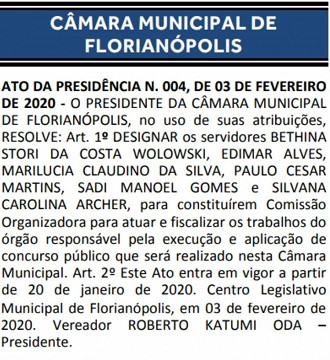 Publicação de Comissão Organizadora do novo Concurso Público para a Câmara