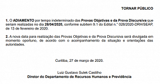 Governo do Paraná adia provas do concurso SEJUF-PR 2020