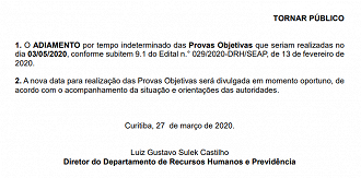 IBFC comunica adiamento das provas objetivas do concurso IAT-PR