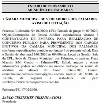 Publicação de aviso de licitação para escolha de banca Publicação de aviso de licitação para escolha de banca