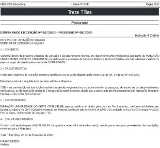Publicação de dispensa de licitação.