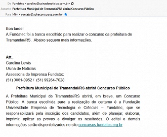 Confirmação da Assessoria de Imprensa da Fundatec de realização de concurso de Tramandaí