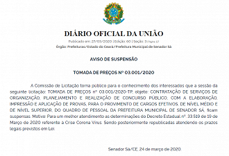 Prefeitura de Senador Sá-CE suspende sessão para contratação da banca do concurso