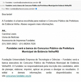 E-mail recebido pelo Ache Concursos da Assessoria de Imprensa da FUNDATEC