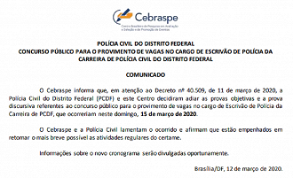 Cebraspe publica comunicado na página do concurso PCDF