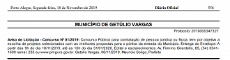 Prefeitura de Getúlio Vargas (RS) abriu licitação em 2019 para contratar banca organizadora de concurso público.