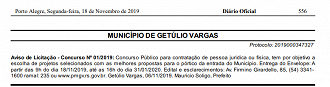 Prefeitura de Getúlio Vargas (RS) abriu licitação em 2019 para contratar banca organizadora de concurso público. Prefeitura de Getúlio Vargas (RS) abriu licitação em 2019 para contratar banca organizadora de concurso público.
