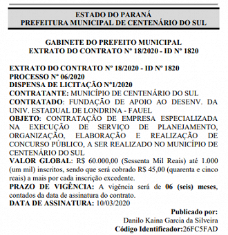 Prefeitura de Centenário do Sul-PR contrata a banca Fauel: o concurso deverá ser realizado até agosto.