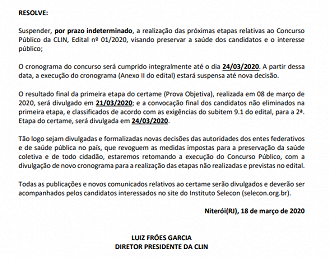 Presidente da CLIN Niterói-RJ anuncia suspensão das próximas etapas do concurso