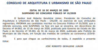 O Concurso Público do Conselho de Arquitetura e Urbanismo de São Paulo (CAU-SP) foi suspenso devido ao novo coronavírus (COVID-19)
