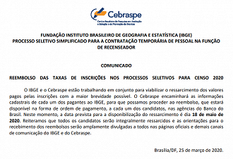 Concurso IBGE 2020: veja como fazer o reembolso da taxa de inscrição Concurso IBGE 2020: veja como fazer o reembolso da taxa de inscrição