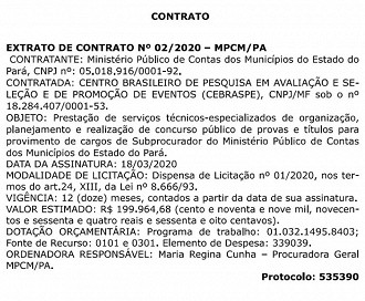 Publicação do extrato de contrato entre o MPCM - PA e CEBRASPE
