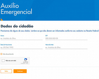 Tela de cadastro do Auxílio Emergencial do Governo Federal - Foto: Reprodução