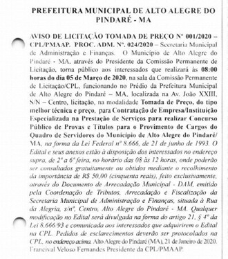 Publicação de processo licitatório para a escolha de banca