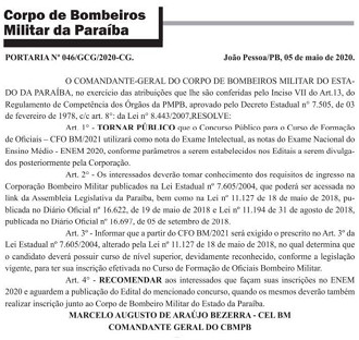 Publicação Concurso Bombeiros PB 2021