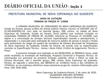  A empresa que executará o concurso público da Câmara de Nova Esperança do Sudoeste-PR deverá ser contratada em junho de 2020.