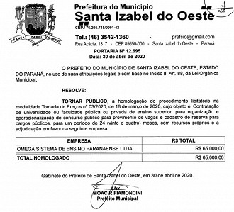 Homologação de Licitação de escolha de banca