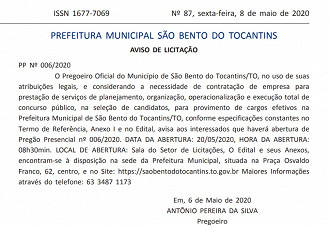 Prefeitura de São Bento do Tocantins irá contratar organizadora de concurso público.