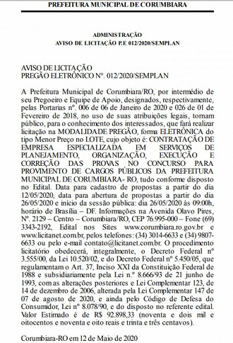 Aviso de Licitação Aviso de Licitação