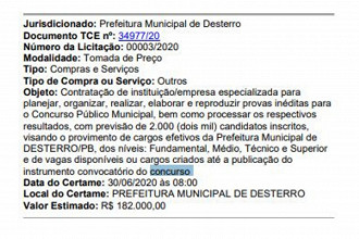 Licitação para escolher a banca organizadora da Prefeitura de Desterro, PB