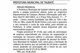 Licitação para contratar a banca organizadora do concurso e da seleção da Prefeitura de Taubaté-SP