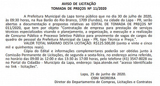 Prefeitura da Lapa (PR) contratará organizadora de concurso e processo seletivo em 2020, podendo custar até R$ 125.500,00 para o órgão.