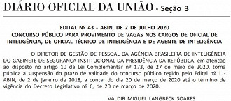 Publicação de suspensão de prazo de validade do concurso