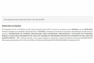 Licitação em andamento para escolha da banca organizadora