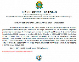 Banca para seleção com 350 vagas no Ministério da Economia será o Cebraspe - Reprodução: DOU de 07/08