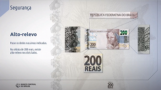 BC explica formas de identificar se a nota de R$ 200 é verdadeira. Fonte: Banco Central.