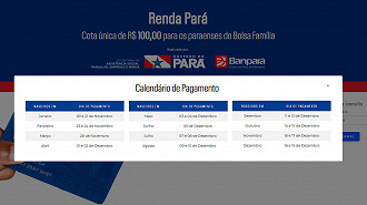 Calendário do Renda Pará 2020 - Reprodução: Banpará Calendário do Renda Pará 2020 - Reprodução: Banpará