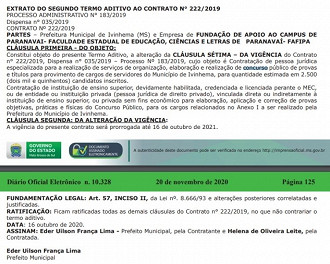 Publicação de prorrogação de contrato entre Prefeitura e Organizadora