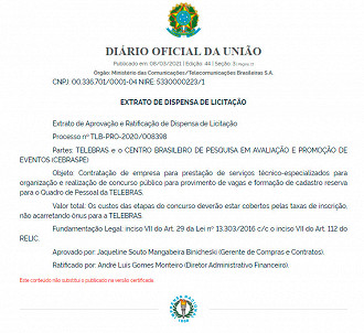 Telebras teve concurso autorizado e edital sai pelo Cebraspe Telebras teve concurso autorizado e edital sai pelo Cebraspe
