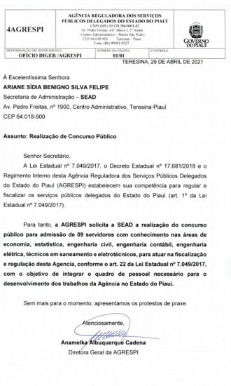 Solicitação de concurso público Agrespi feita pela Diretora à Secretaria de Administração do Piauí