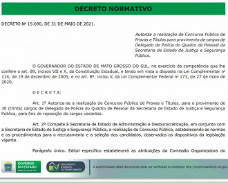 Autorização do concurso para o cargo de Delegado da Polícia Civil do Mato Grosso do Sul