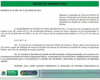 Autorização do concurso para o cargo de Delegado da Polícia Civil do Mato Grosso do Sul