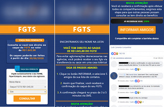 Tela de um dos golpes prometendo o saque de R$ 1.045 do FGTS. Fonte: Divulgação/PSafe.