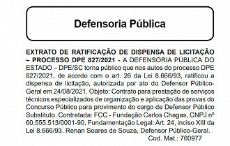 Concurso DPE-SC sairá pela FCC - Fonte: Diário Oficial