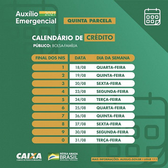Calendário da 5ª parcela para o Bolsa Família. Imagem: Divulgação/Caixa. Calendário da 5ª parcela para o Bolsa Família. Imagem: Divulgação/Caixa.