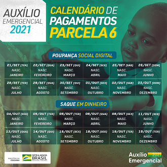 6ª parcela do Auxílio terá pagamentos no sábado (25) e domingo (26). Fonte: Governo Federal. 6ª parcela do Auxílio terá pagamentos no sábado (25) e domingo (26). Fonte: Governo Federal.