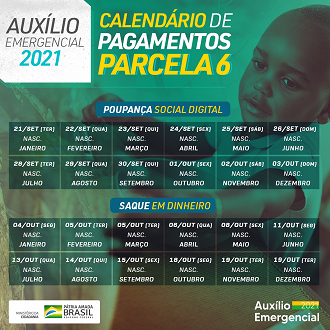 6ª parcela do Auxílio terá pagamentos no sábado (25) e domingo (26). Fonte: Governo Federal.