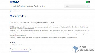 Comunicado do IBGE informa fim do contrato com Cebraspe. Créditos: Reprodução/IBGE.