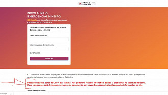 Consulta do Auxílio Emergencial Mineiro ainda está disponível. Créditos: Reprodução/Governo de MG.
